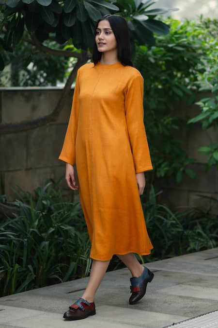 RAAS LIFE_Yellow Wool Round Neck Mustard Full Sleeves Midi Dress _Online_at_Aza_Fashions