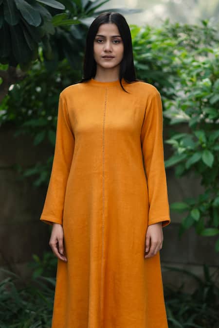Buy_RAAS LIFE_Yellow Wool Round Neck Mustard Full Sleeves Midi Dress _Online_at_Aza_Fashions
