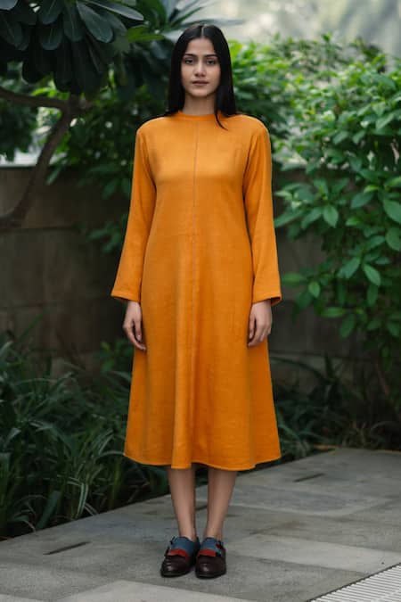 Shop_RAAS LIFE_Yellow Wool Round Neck Mustard Full Sleeves Midi Dress _Online_at_Aza_Fashions