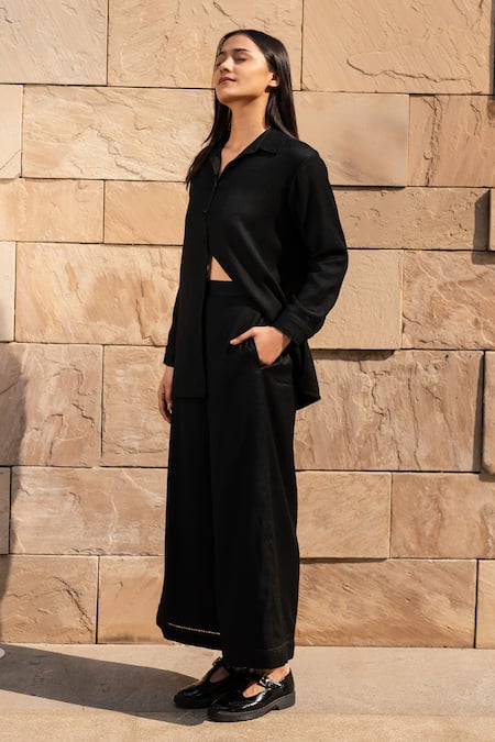 Shop RAAS LIFE Black Wool Collared Shirt And Trouser Set at Aza Fashions Shop_RAAS LIFE_Black Wool Collared Shirt And Trouser Set _at_Aza_Fashions