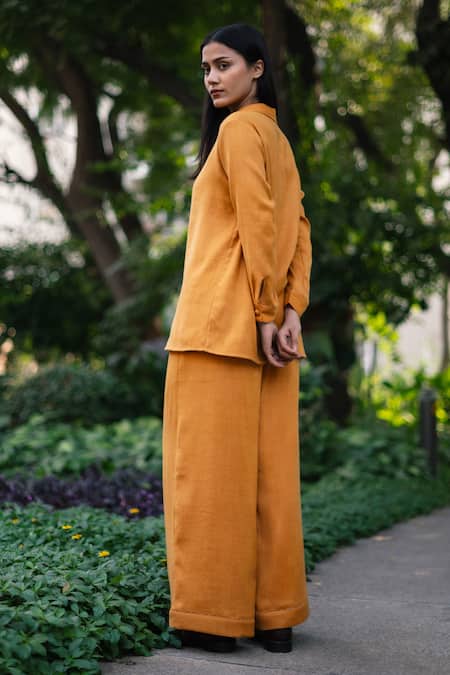 Shop_RAAS LIFE_Yellow Wool Embroidery Collared Mustard Shirt And Trouser Set _at_Aza_Fashions