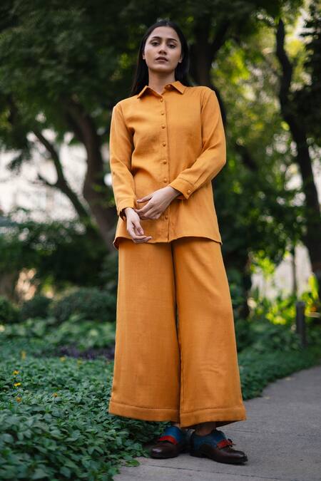 Buy_RAAS LIFE_Yellow Wool Embroidery Collared Mustard Shirt And Trouser Set _Online_at_Aza_Fashions