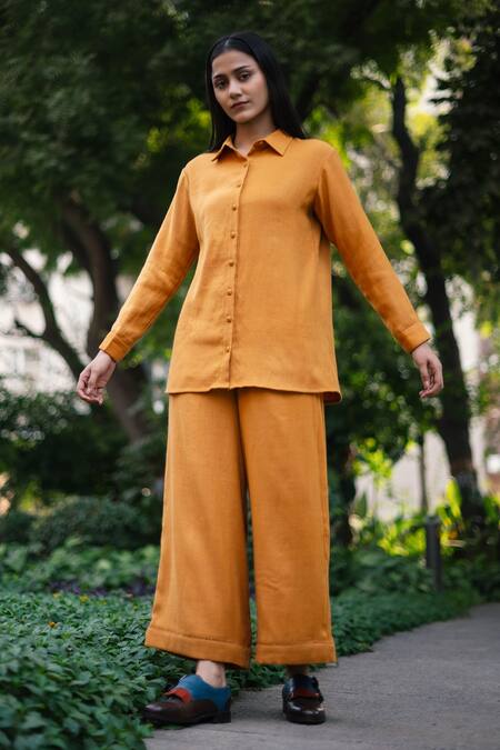 Shop_RAAS LIFE_Yellow Wool Embroidery Collared Mustard Shirt And Trouser Set _Online_at_Aza_Fashions