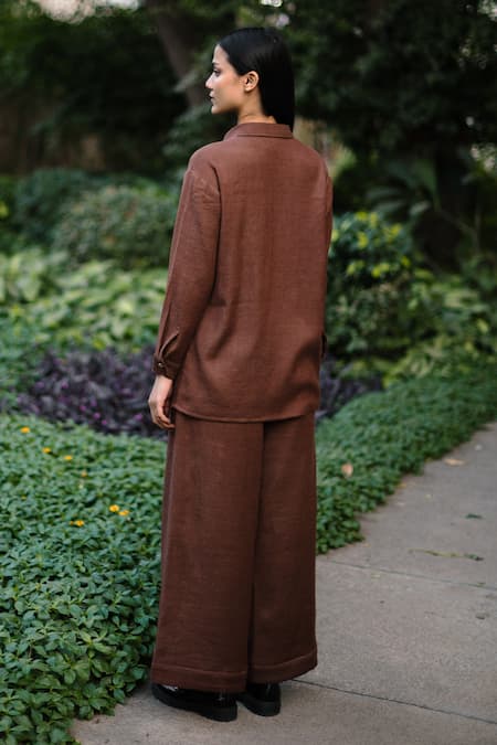 Shop RAAS LIFE Brown Wool Embroidery Collared Shirt And Trouser Set at Aza Fashions Shop_RAAS LIFE_Brown Wool Embroidery Collared Shirt And Trouser Set _at_Aza_Fashions