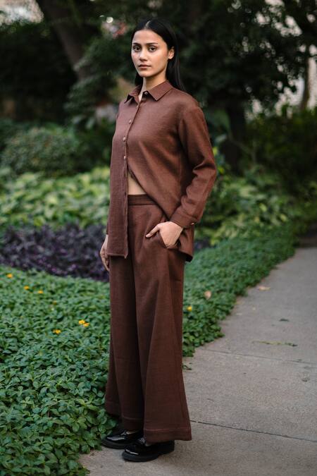 RAAS LIFE Brown Wool Embroidery Collared Shirt And Trouser Set Online at Aza Fashions RAAS LIFE_Brown Wool Embroidery Collared Shirt And Trouser Set _Online_at_Aza_Fashions