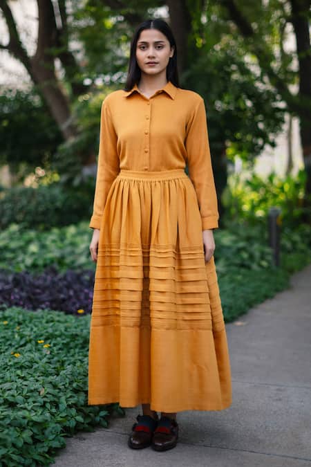 RAAS LIFE_Yellow Wool Mustard Pintucked Long Skirt _Online_at_Aza_Fashions