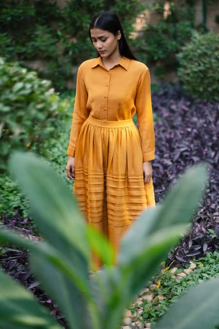 Shop_RAAS LIFE_Yellow Wool Mustard Pintucked Long Skirt _Online_at_Aza_Fashions