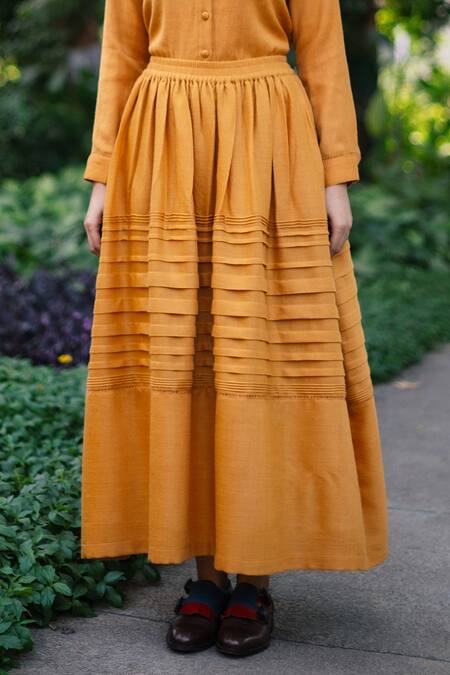 RAAS LIFE Yellow Wool Embroidery Collared Mustard Pintucked Shirt And Skirt Set Online at Aza Fashions RAAS LIFE_Yellow Wool Embroidery Collared Mustard Pintucked Shirt And Skirt Set _Online_at_Aza_Fashions