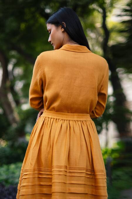 Buy RAAS LIFE Yellow Wool Embroidery Collared Mustard Pintucked Shirt And Skirt Set Online at Aza Fashions Buy_RAAS LIFE_Yellow Wool Embroidery Collared Mustard Pintucked Shirt And Skirt Set _Online_at_Aza_Fashions