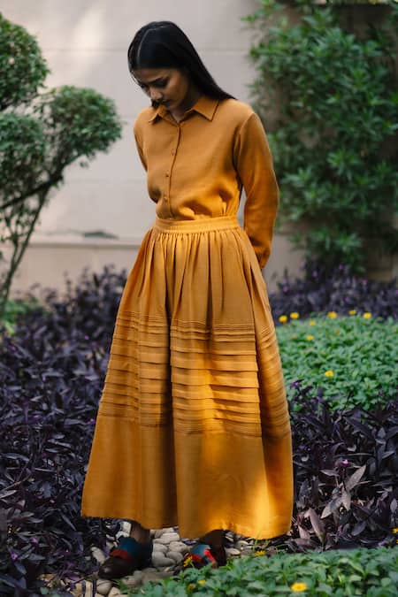 Shop RAAS LIFE Yellow Wool Embroidery Collared Mustard Pintucked Shirt And Skirt Set Online at Aza Fashions Shop_RAAS LIFE_Yellow Wool Embroidery Collared Mustard Pintucked Shirt And Skirt Set _Online_at_Aza_Fashions