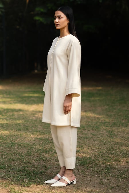 Buy RAAS LIFE Cream Wool Round Neck Solid Kurta Set With Trouser Online at Aza Fashions Buy_RAAS LIFE_Cream Wool Round Neck Solid Kurta Set With Trouser _Online_at_Aza_Fashions