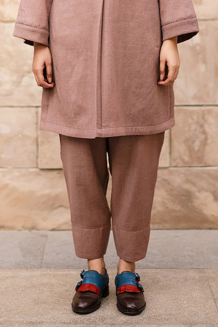 RAAS LIFE_Cream Wool Round Neck Solid Merino Kurta Set _Online_at_Aza_Fashions