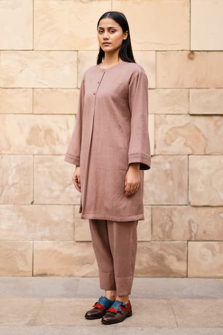 Buy_RAAS LIFE_Cream Wool Round Neck Solid Merino Kurta Set _Online_at_Aza_Fashions