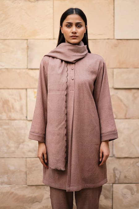 Shop_RAAS LIFE_Cream Wool Round Neck Solid Merino Kurta Set _Online_at_Aza_Fashions