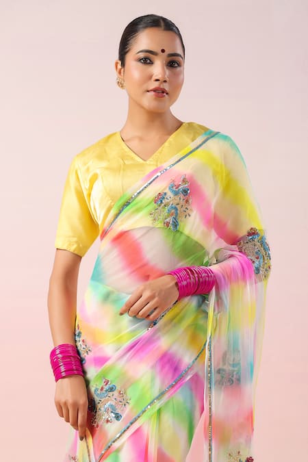 Ruar India_Multi Color Georgette Sequins V-neck Leheriya Pattern Saree Set _Online_at_Aza_Fashions