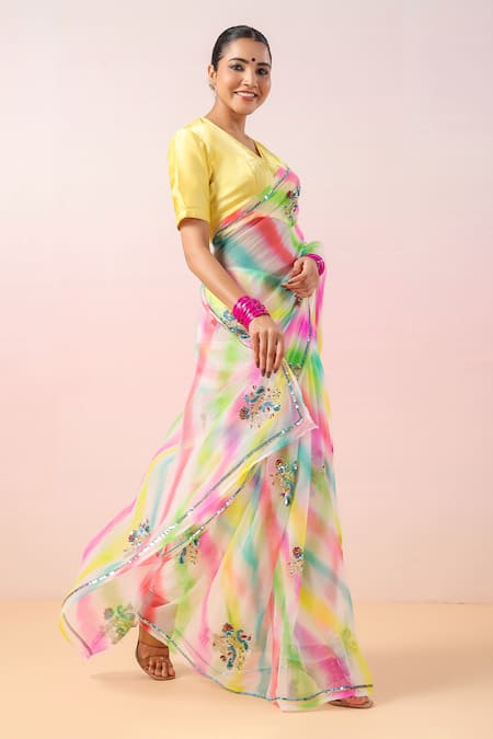 Buy_Ruar India_Multi Color Georgette Sequins V-neck Leheriya Pattern Saree Set _Online_at_Aza_Fashions