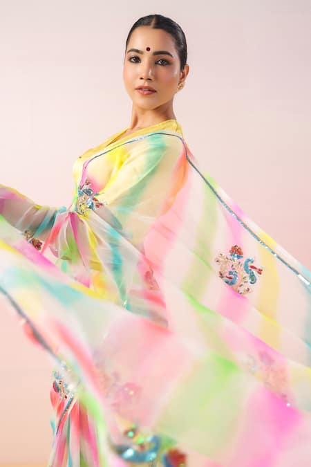 Shop_Ruar India_Multi Color Georgette Sequins V-neck Leheriya Pattern Saree Set _Online_at_Aza_Fashions