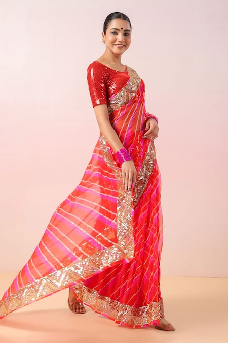 Ruar India_Red Georgette Sequins Round Neck Leheriya Pattern Saree With Blouse _Online_at_Aza_Fashions