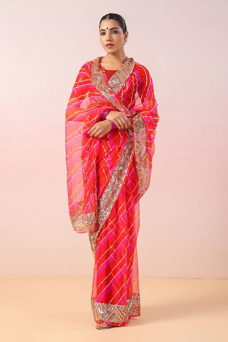 Buy_Ruar India_Red Georgette Sequins Round Neck Leheriya Pattern Saree With Blouse _Online_at_Aza_Fashions
