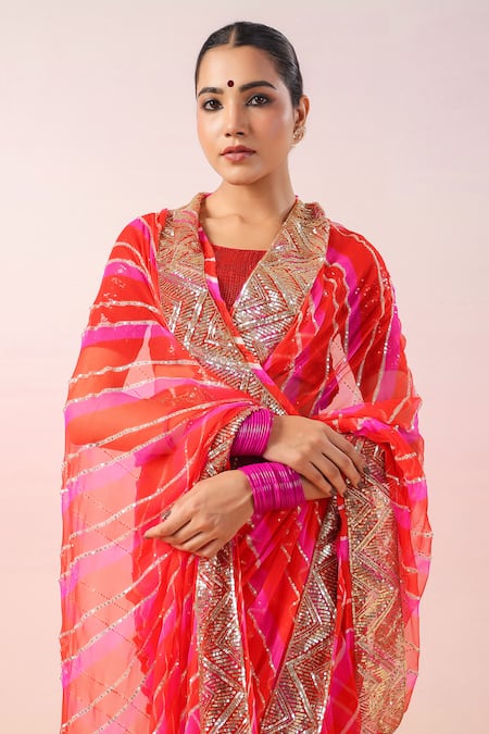 Shop_Ruar India_Red Georgette Sequins Round Neck Leheriya Pattern Saree With Blouse _Online_at_Aza_Fashions