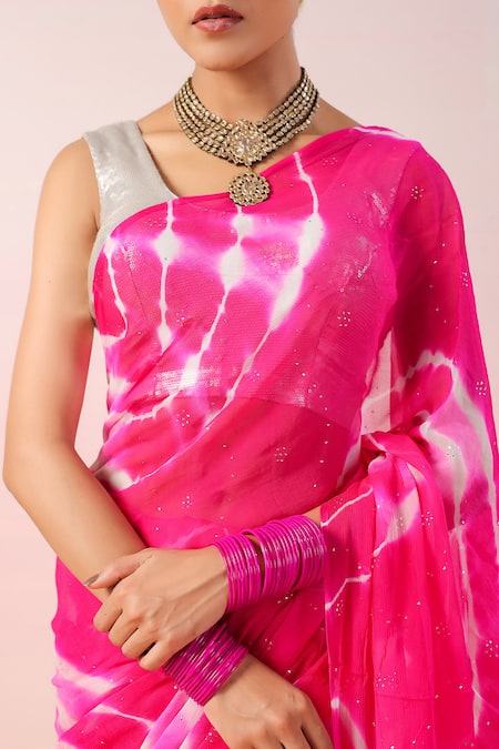 Buy_Ruar India_Pink Chiffon Mirrors, Sequins Round Leheriya Batik Embellished Saree And Blouse _Online_at_Aza_Fashions