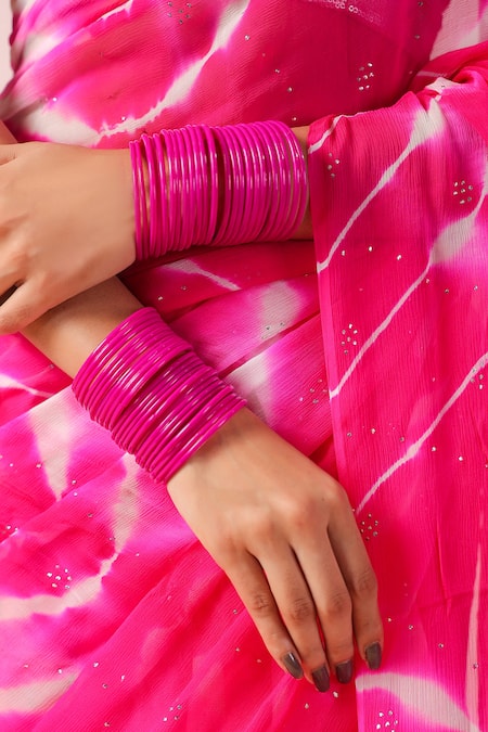 Ruar India_Pink Chiffon Mirrors, Sequins Round Leheriya Batik Embellished Saree And Blouse _at_Aza_Fashions