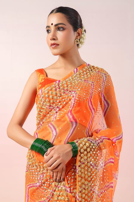 Buy_Ruar India_Orange Georgette Gota Patti, Sequins Leheriya Embellished Saree And Blouse Set _Online_at_Aza_Fashions