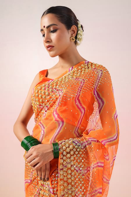 Shop_Ruar India_Orange Georgette Gota Patti, Sequins Leheriya Embellished Saree And Blouse Set _Online_at_Aza_Fashions