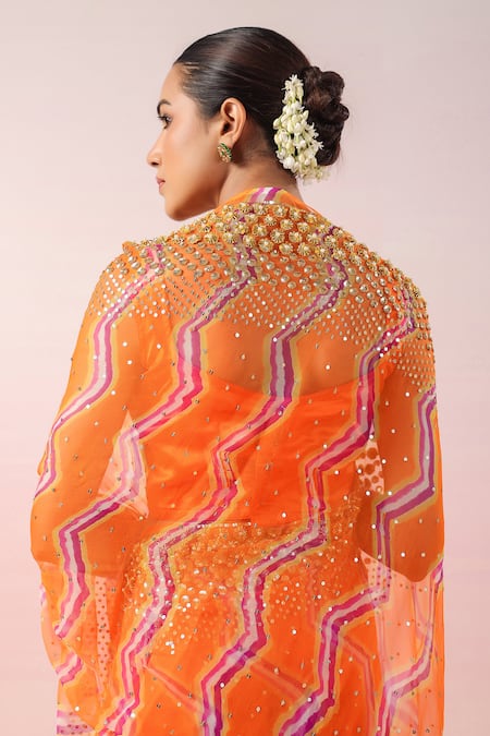 Ruar India_Orange Georgette Gota Patti, Sequins Leheriya Embellished Saree And Blouse Set _at_Aza_Fashions