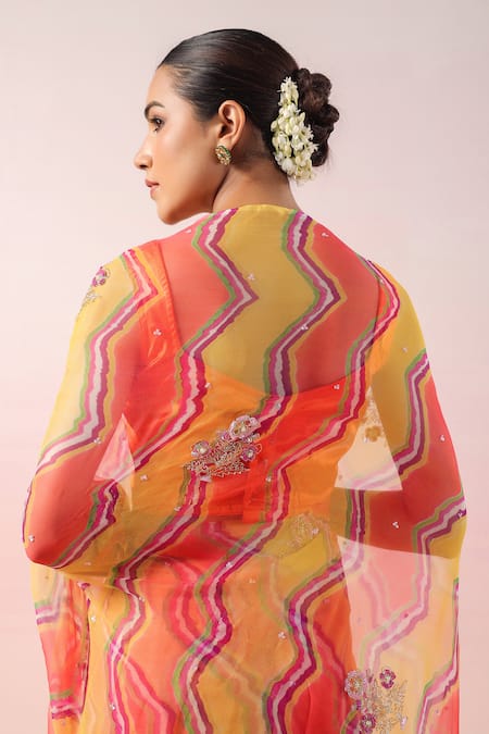 Ruar India Leheriya Bloom Embroidered Saree Set 