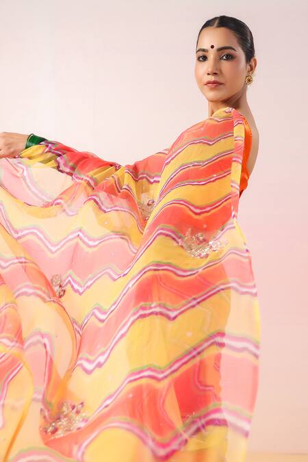 Ruar India_Orange Georgette Cut Work, Sequins Leheriya Bloom Embroidered Saree Set _Online_at_Aza_Fashions