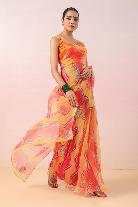 Buy_Ruar India_Orange Georgette Cut Work, Sequins Leheriya Bloom Embroidered Saree Set _Online_at_Aza_Fashions