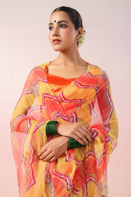Shop_Ruar India_Orange Georgette Cut Work, Sequins Leheriya Bloom Embroidered Saree Set _Online_at_Aza_Fashions
