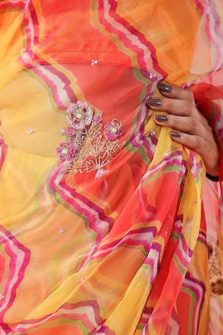 Ruar India_Orange Georgette Cut Work, Sequins Leheriya Bloom Embroidered Saree Set _at_Aza_Fashions