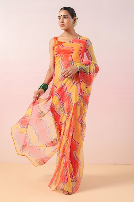 Shop_Ruar India_Orange Georgette Cut Work, Sequins Leheriya Bloom Embroidered Saree Set 