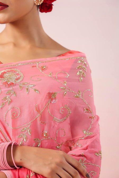 Buy_Ruar India_Pink Chiffon, Satin Embroidery, Sequins V-neck Gul Saree And Blouse _Online_at_Aza_Fashions