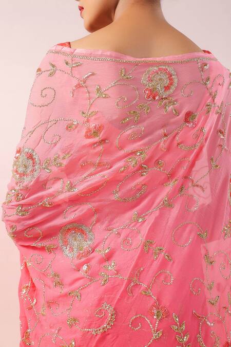 Ruar India_Pink Chiffon, Satin Embroidery, Sequins V-neck Gul Saree And Blouse _at_Aza_Fashions