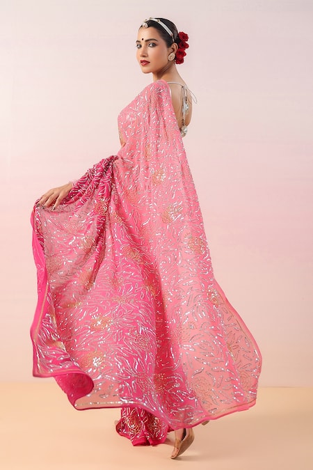 Ruar India_Pink Georgette Sequins, Embroidery Round Neck Ombre Saree And Blouse _Online_at_Aza_Fashions