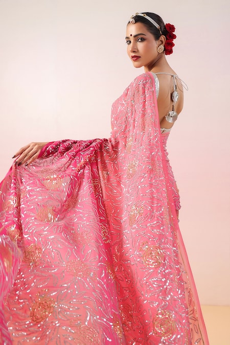 Buy_Ruar India_Pink Georgette Sequins, Embroidery Round Neck Ombre Saree And Blouse _Online_at_Aza_Fashions