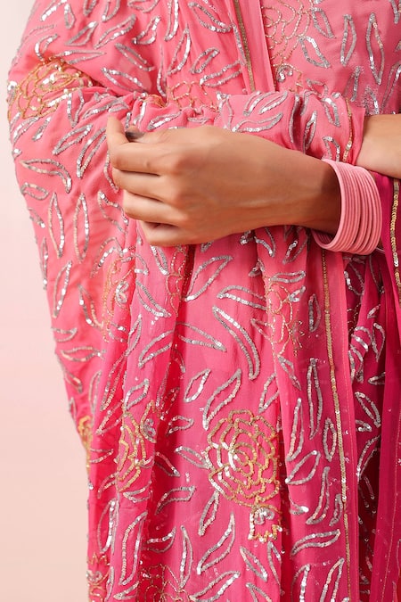 Shop_Ruar India_Pink Georgette Sequins, Embroidery Round Neck Ombre Saree And Blouse _Online_at_Aza_Fashions