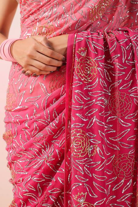 Ruar India_Pink Georgette Sequins, Embroidery Round Neck Ombre Saree And Blouse _at_Aza_Fashions