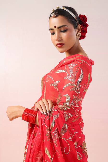 Ruar India_Red Chiffon Sequins, Embroidery Round Neck Bloom Jaal Saree Set _Online_at_Aza_Fashions