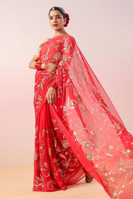 Buy_Ruar India_Red Chiffon Sequins, Embroidery Round Neck Bloom Jaal Saree Set _Online_at_Aza_Fashions