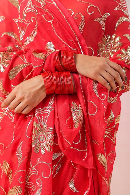Shop_Ruar India_Red Chiffon Sequins, Embroidery Round Neck Bloom Jaal Saree Set _Online_at_Aza_Fashions