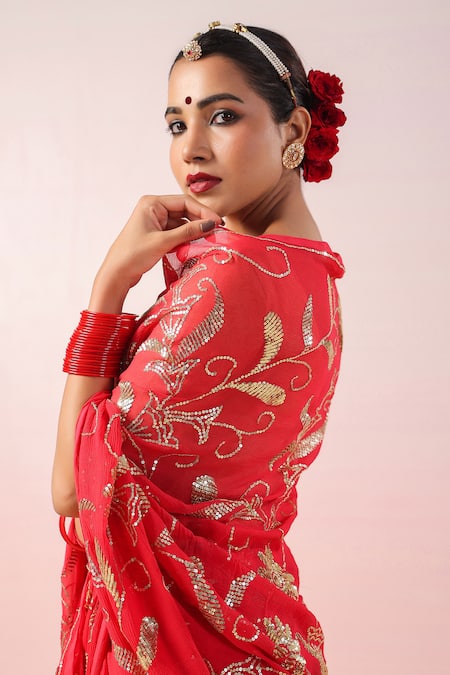 Buy_Ruar India_Red Chiffon Sequins, Embroidery Round Neck Bloom Jaal Saree Set 
