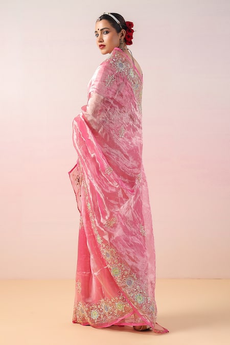 Ruar India Floral Sequin Embroidered Pink Saree Set 