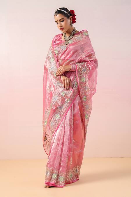 Ruar India_Pink Silk, Tissue Embroidery, Sequins Round Neck Floral Saree Set _Online_at_Aza_Fashions
