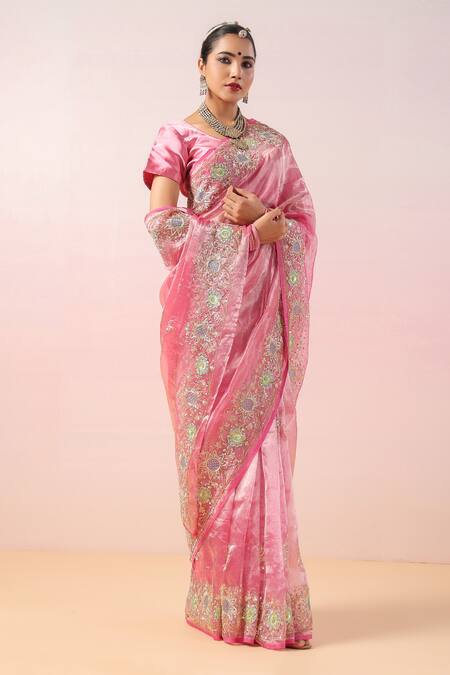Buy_Ruar India_Pink Silk, Tissue Embroidery, Sequins Round Neck Floral Saree Set _Online_at_Aza_Fashions