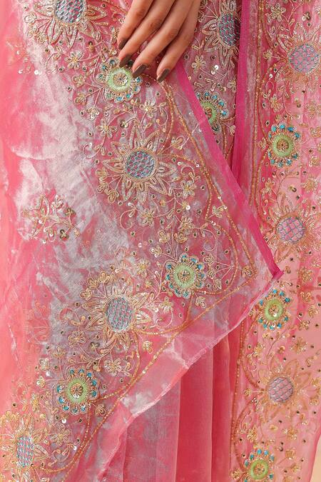 Shop_Ruar India_Pink Silk, Tissue Embroidery, Sequins Round Neck Floral Saree Set _Online_at_Aza_Fashions