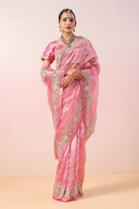 Ruar India_Pink Silk, Tissue Embroidery, Sequins Round Neck Floral Saree Set _at_Aza_Fashions
